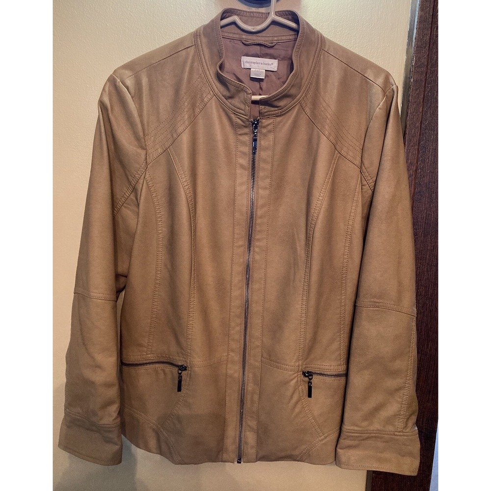 CJ Banks Bomber Jacket Women's Size Large Tan Faux Leather Front Zip & Pockets!